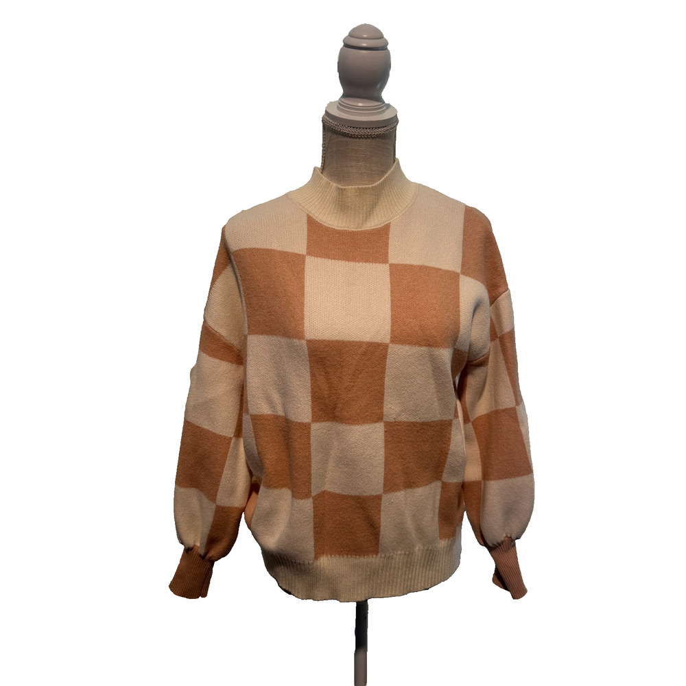 Tan White Colorblock Checkerboard Crewneck Pullover Academia Preppy Mock Neck M - Picture 2 of 8